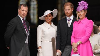 Peter Phillips, Meghan, Duchess of Sussex, Prince Harry, Duke of Sussex and Zara Tindall leave after the National Service of Thanksgiving