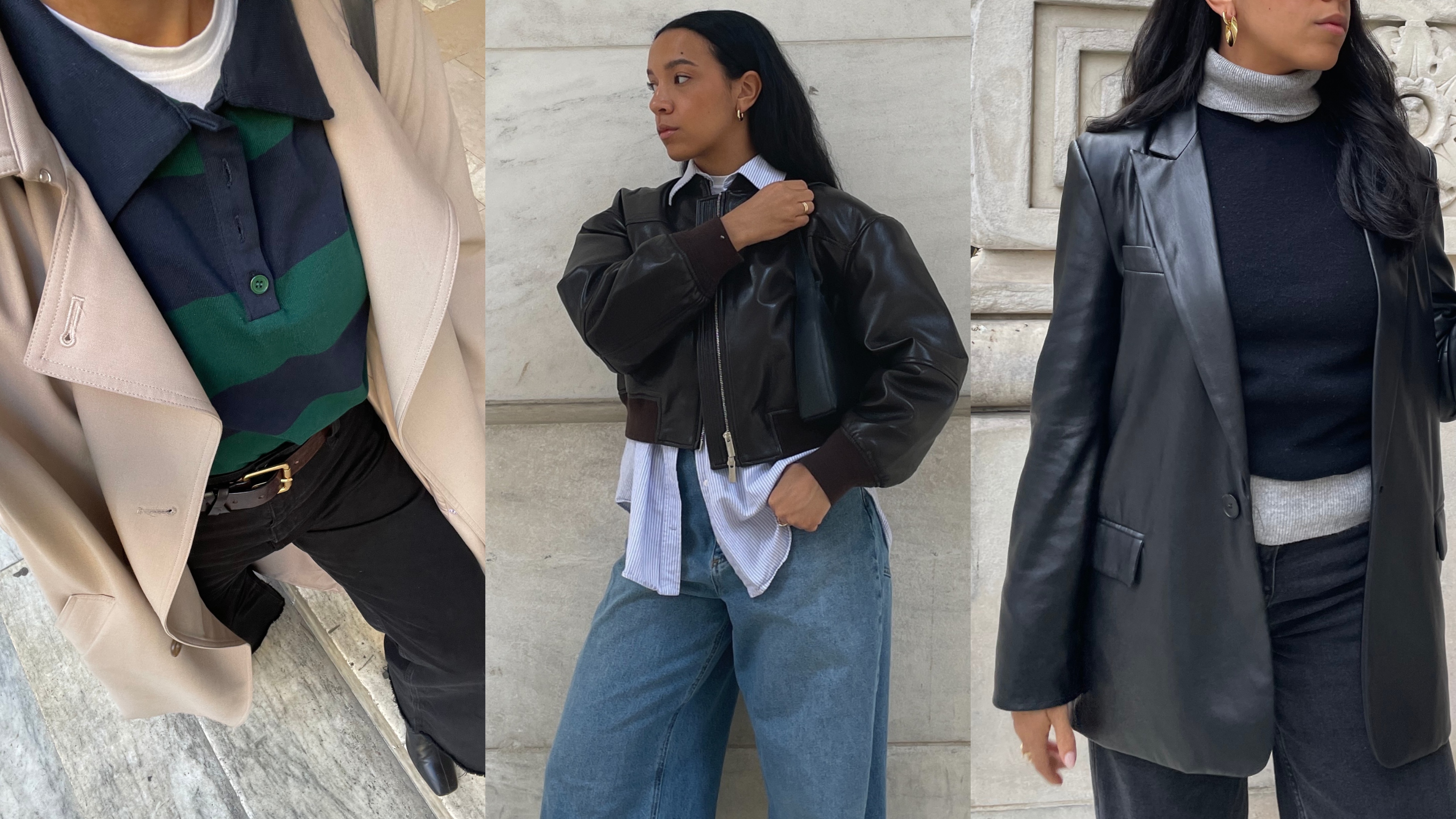 collage of Lauren Tappan wearing fall jackets 