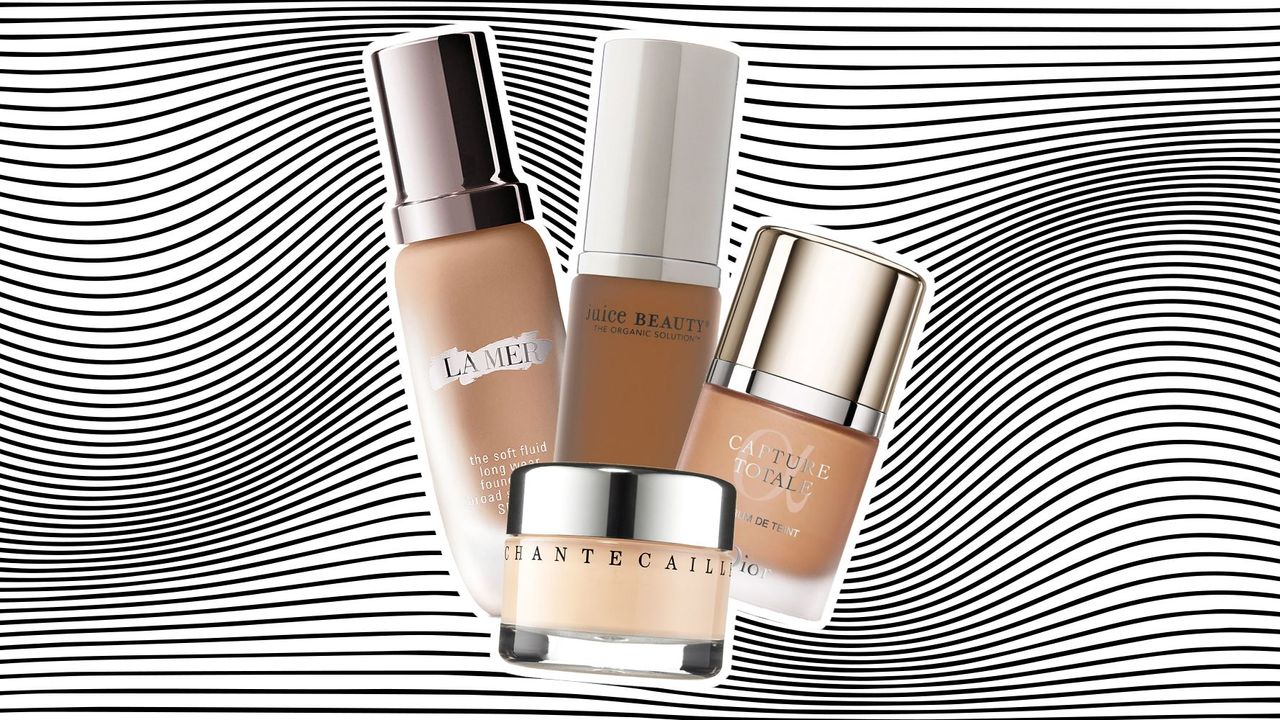 collage of anti aging foundations including la mer and juice beauty