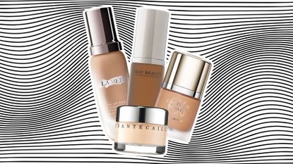 collage of anti aging foundations including la mer and juice beauty