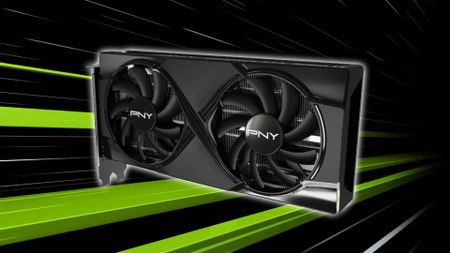 PNY RTX 5060 graphics card with green speed effect lines in backdrop