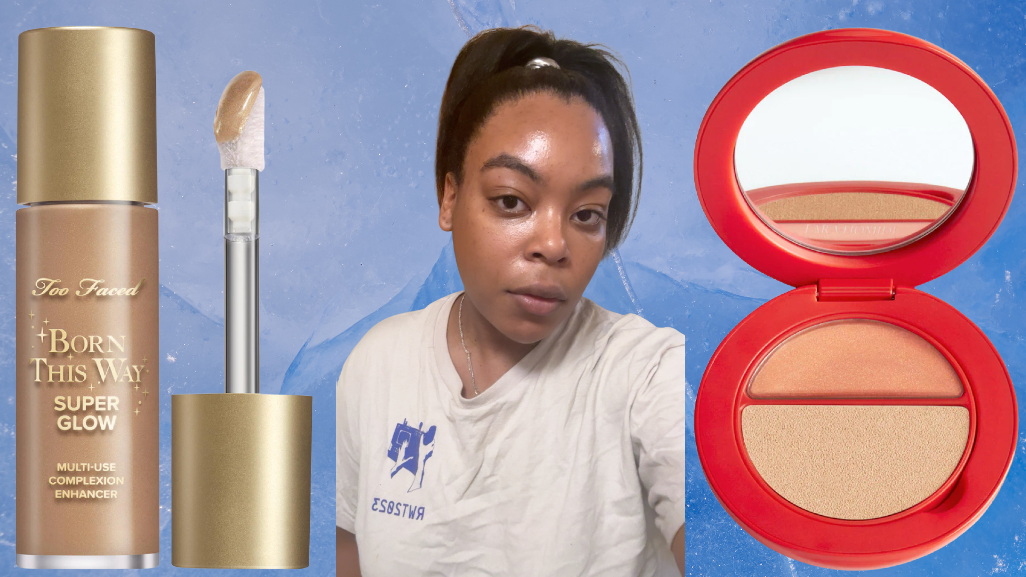 Ariel Baker headshot surrounded by two makeup products, all on a blue background.