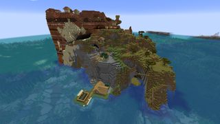Minecraft seeds - a village sprawled across a tall mesa island