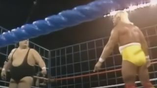 King Kong Bundy and Hulk Hogan in a steel cage at WrestleMania 2