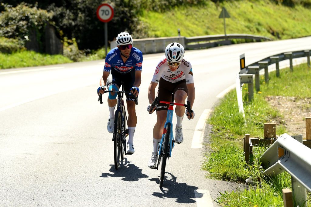 EIBAR SPAIN APRIL 08 LR Jimmy Janssens of Belgium and Team AlpecinDeceuninck and Nicolas Prodhomme of France and Ag2R Citroen Team compete in the breakaway during the 62nd Itzulia Basque Country Stage 6 a 1378km stage from Eibar to Eibar UCIWT on April 08 2023 in Eibar Spain Photo by David RamosGetty Images