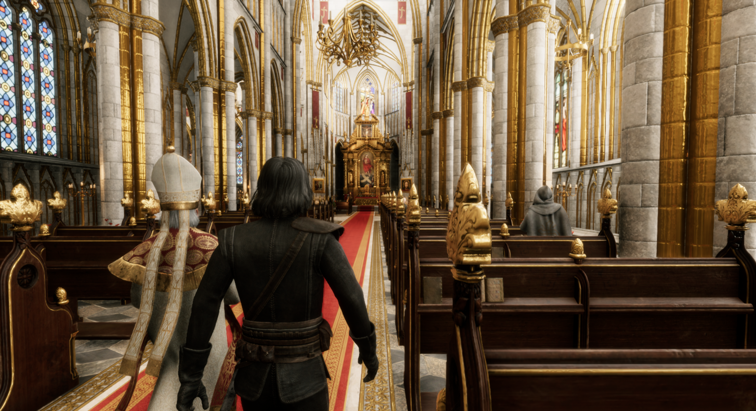 The Inquisitor review image showing Mordimer Madderdin walking through a cathedral's interior.