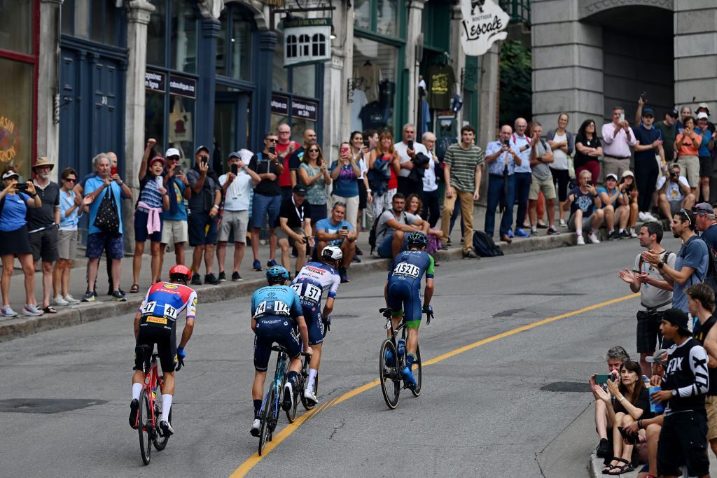 QUEBEC CITY QUEBEC SEPTEMBER 08 A general view of Mathias Vacek of Czech Republic and Team LidlTrek Mauri Vansevenant of Belgium and Team Soudal QuickStep David Lozano Riba of Spain and Team Novo Nordisk and Gianmarco Garofoli of Italy and Astana Qazaqstan Team compete in the breakaway during the 12th Grand Prix Cycliste de Qubec 2023 a 2016km one day race from Quebec to Quebec 92m UCIWT on September 08 2023 in Quebec City Quebec Photo by Dario BelingheriGetty Images