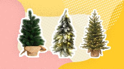 Three mini Christmas trees on yellow and pink background