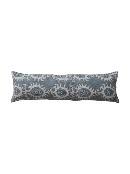  Cotton Voile Printed Lumbar Pillow With Hand-Embroidered Kantha Stitch