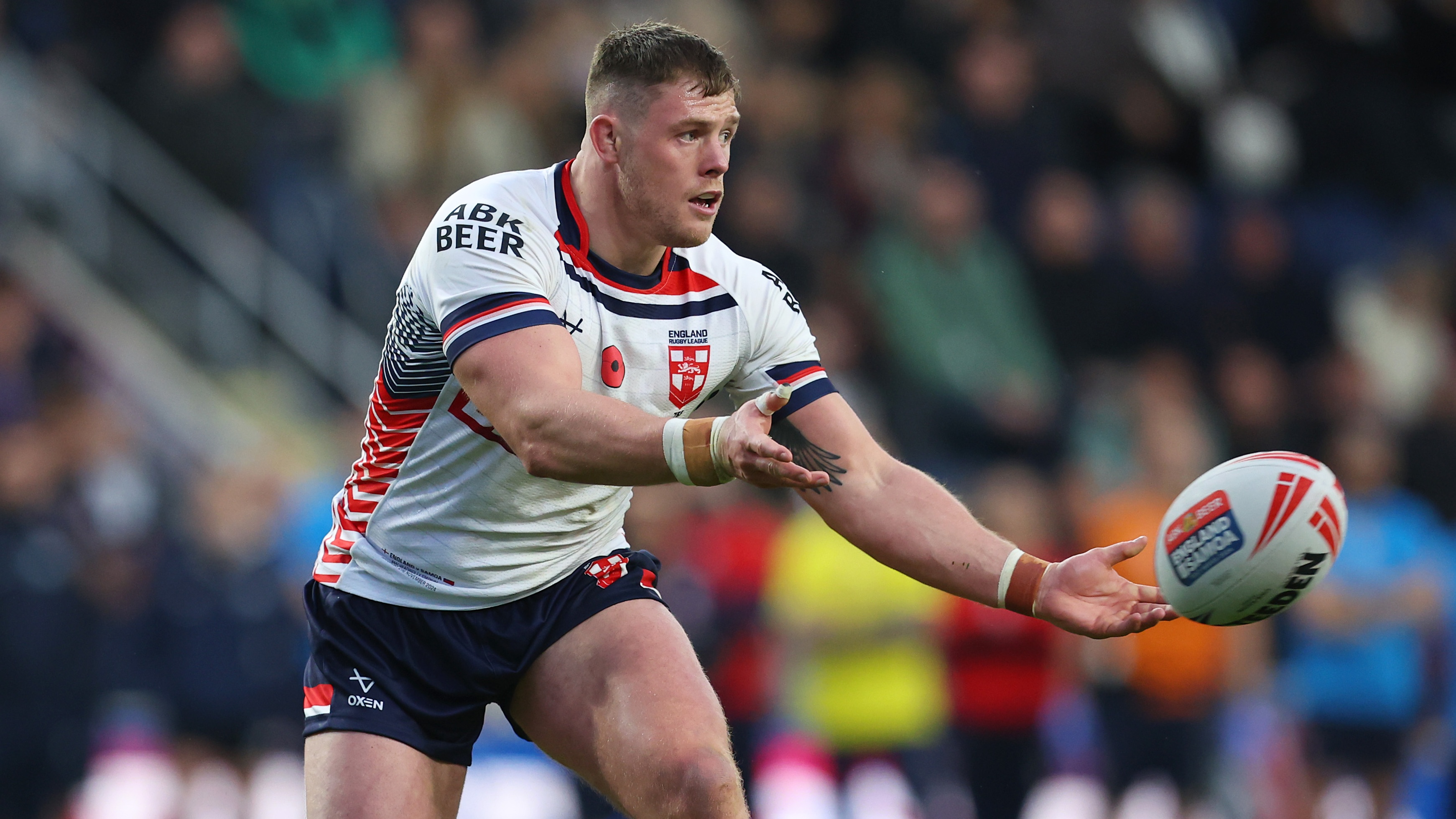 England's Morgan Knowles in action during the Autumn International Series test match between England and Samoa at Headingley Stadium on November 2, 2024 in Leeds, England.
