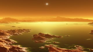 a red and yellow landscape of rocky shorelines and seas