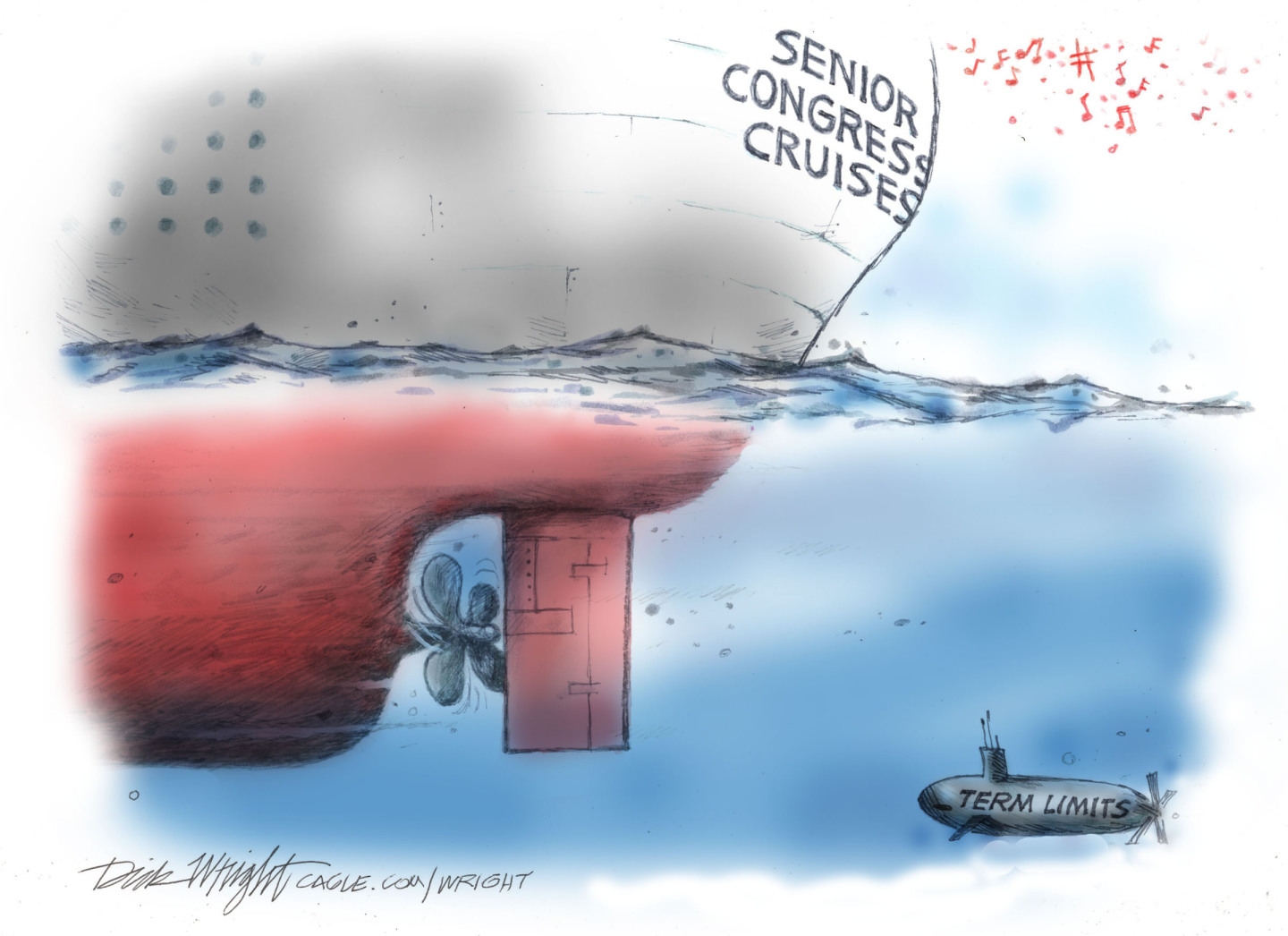 This cartoon depicts a giant boat named &amp;ldquo;Senior Congress Cruises.&amp;rdquo; A small submarine labeled &amp;ldquo;Term Limits&amp;rdquo; can be seen under the water, lurking.
