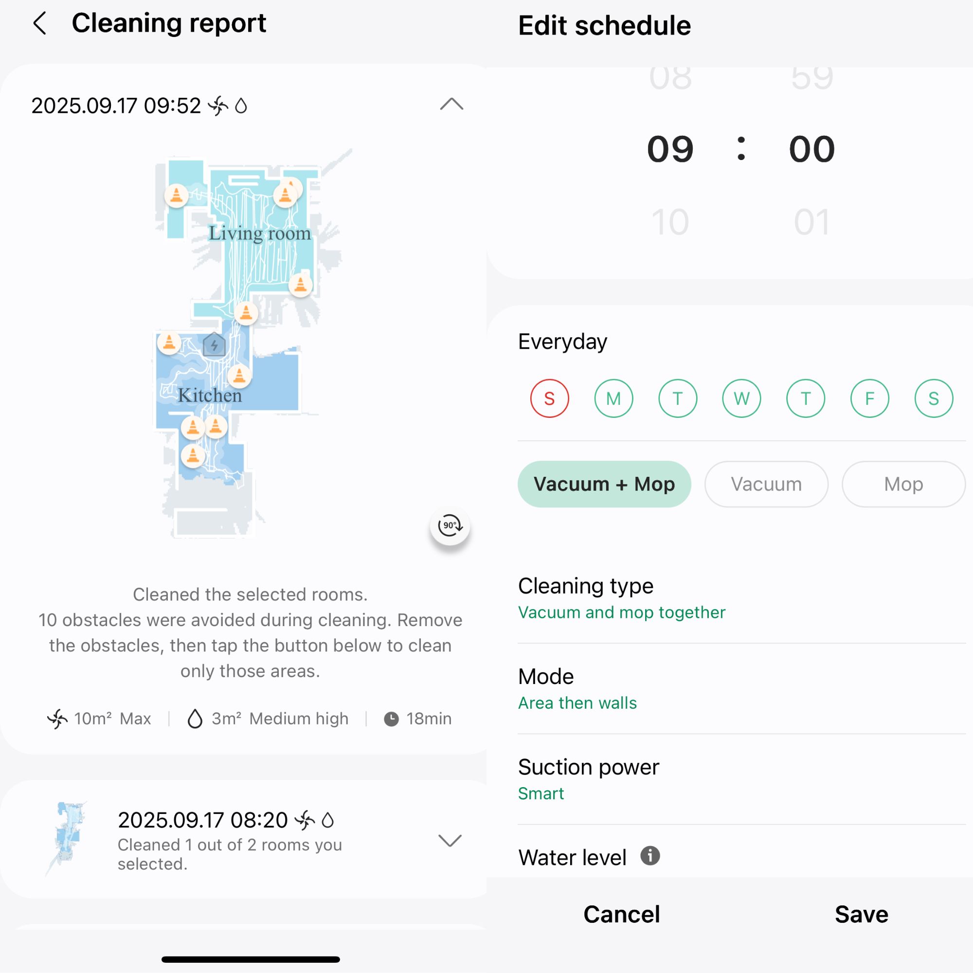 Screenshots of the Samsung Bespoke Jet robot vacuum cleaner app
