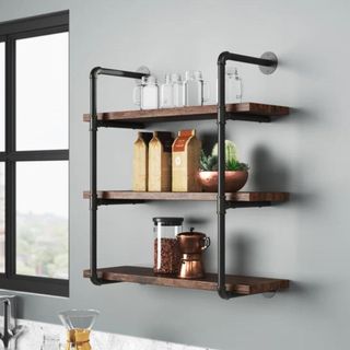 An industrial set of open shelving for the kitchen