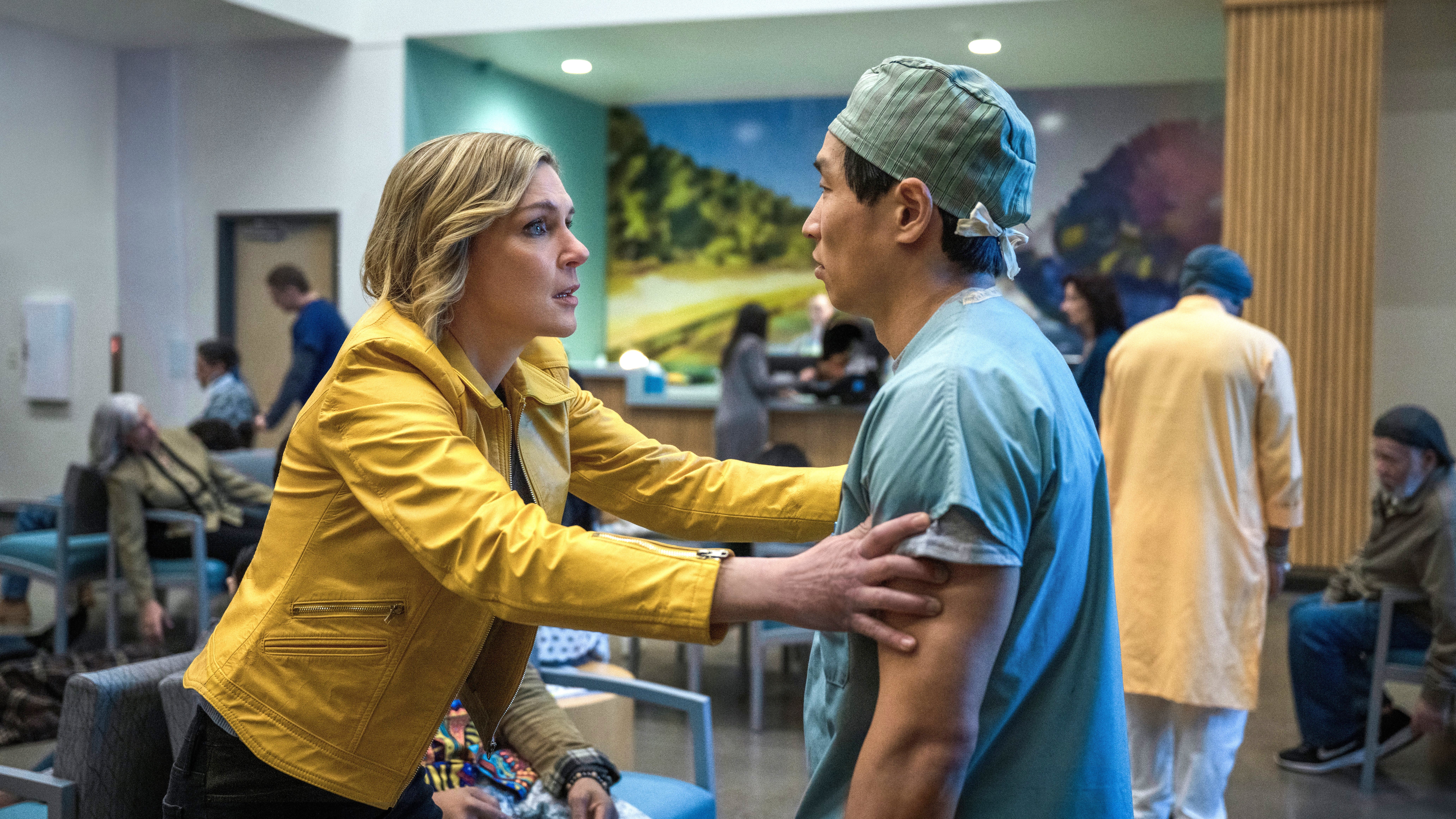Rhea Seehorn (left) confronts a doctor in a scene from Apple TV&#039;s &amp;quot;Pluribus&amp;quot;