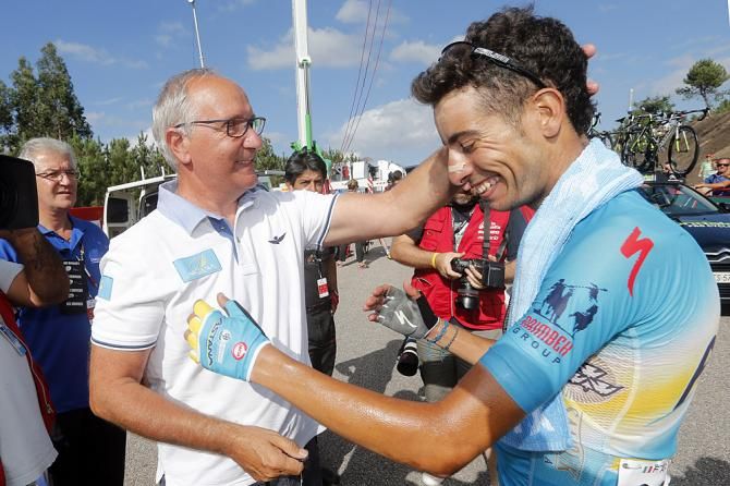 Fabio Aru (Astana) congratulated by his Astana team after taking the stage 18 win