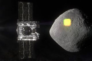 An artist’s illustration of NASA’s OSIRIS-REx spacecraft approaching the asteroid Bennu.