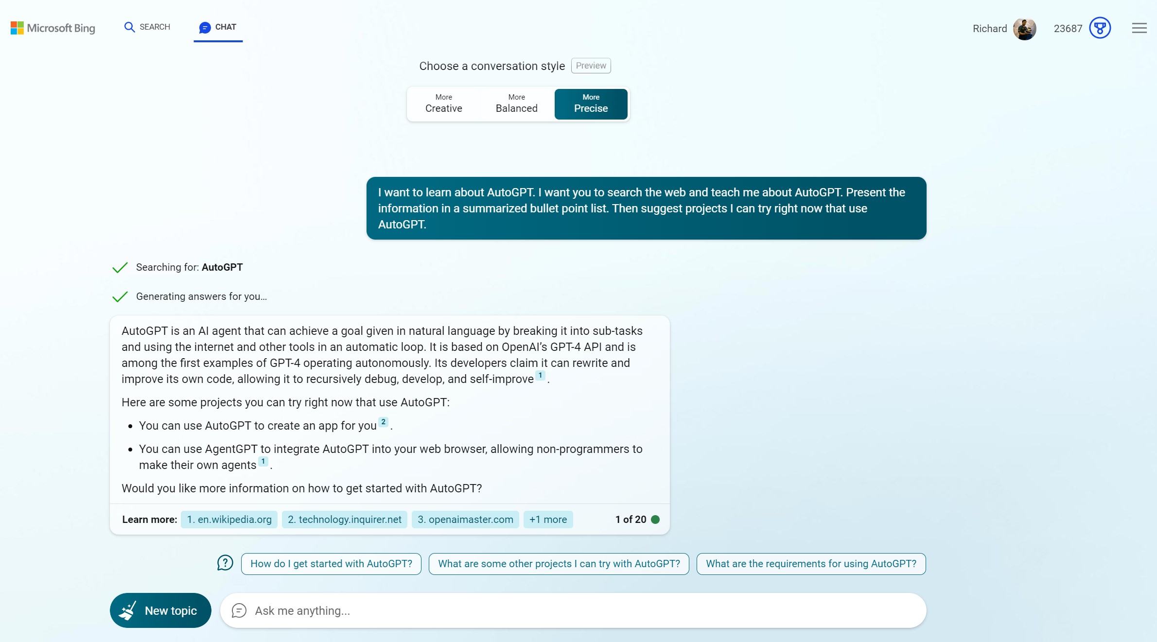 Bing Chat respondendo a uma consulta sobre AutoGPT