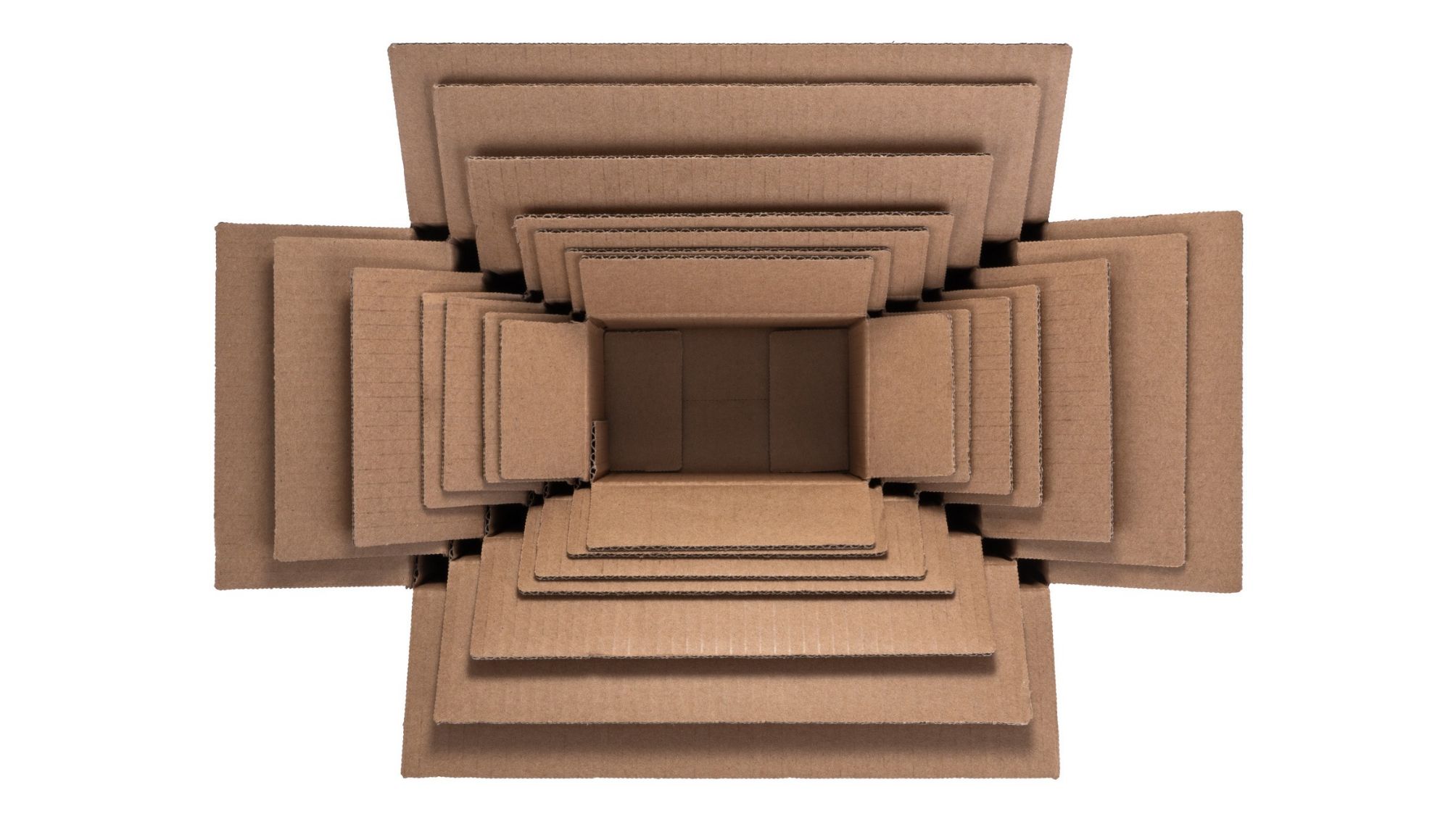 Opened Boxes Multi Layered Stacking on White Background Directly Above View.