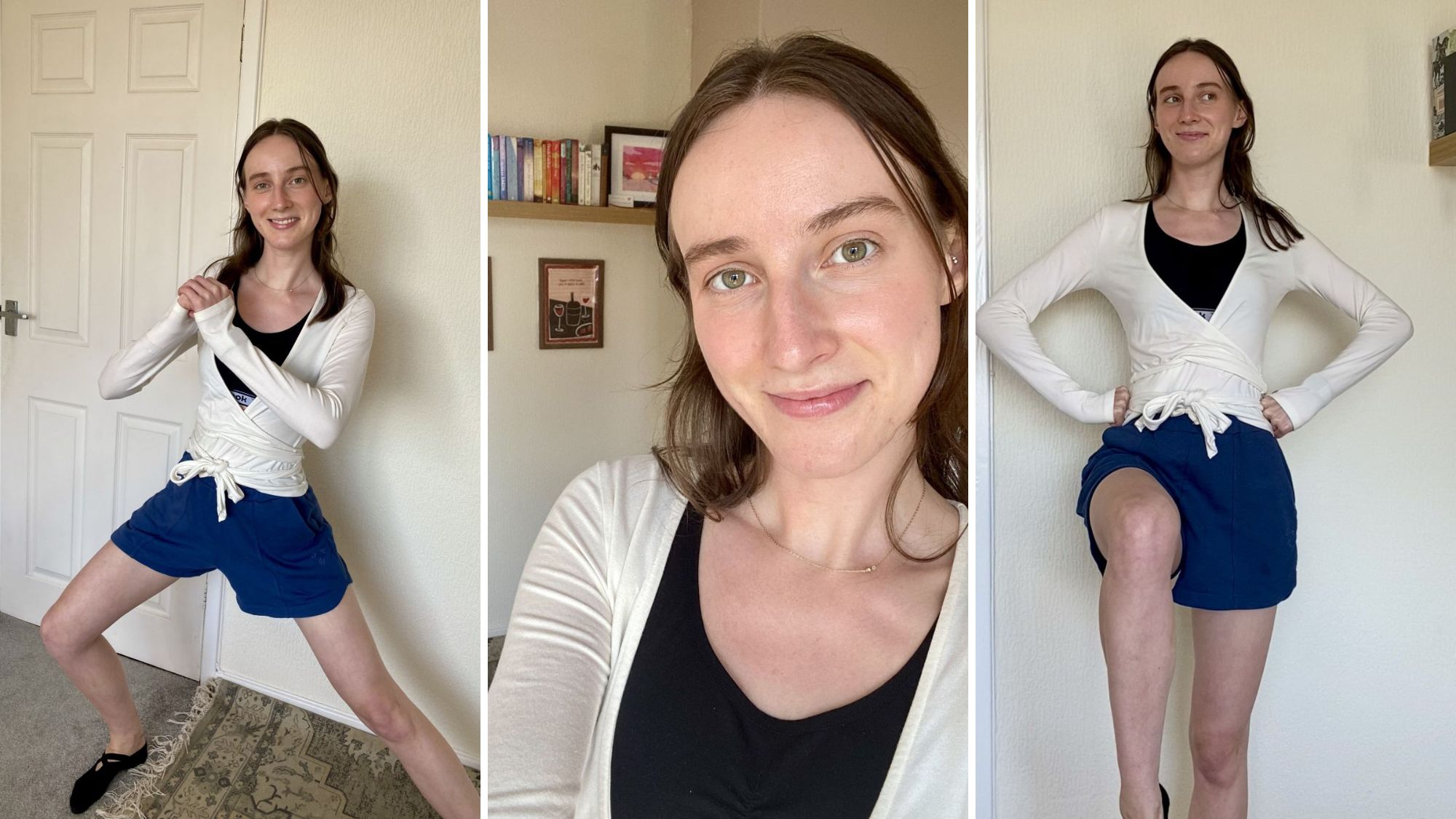 Health writer Katie Sims trying standing Pilates, at home in her office
