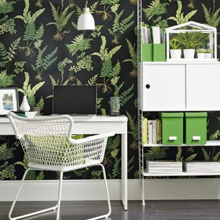 home office with fern wallpaper