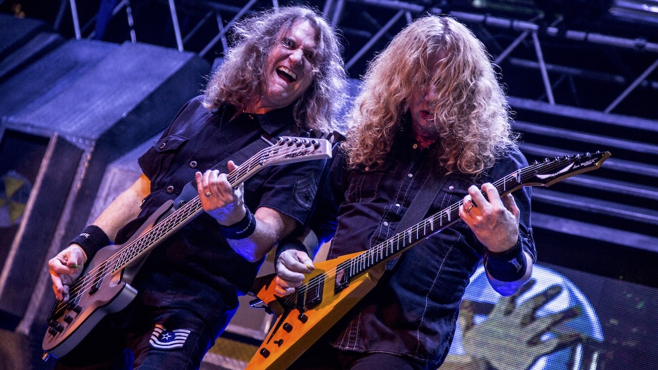 Dave Mustaine and David Ellefson performs during Megadeth concert as part of Dystopia World Tour at Luna Park on August 22, 2016 in Buenos Aires, Argentina.