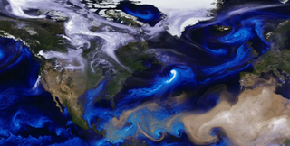 White smoke, blue sea salt and tan dust swirl across the globe like sand in a sculpture in this NASA simulation of the Earth's atmosphere.