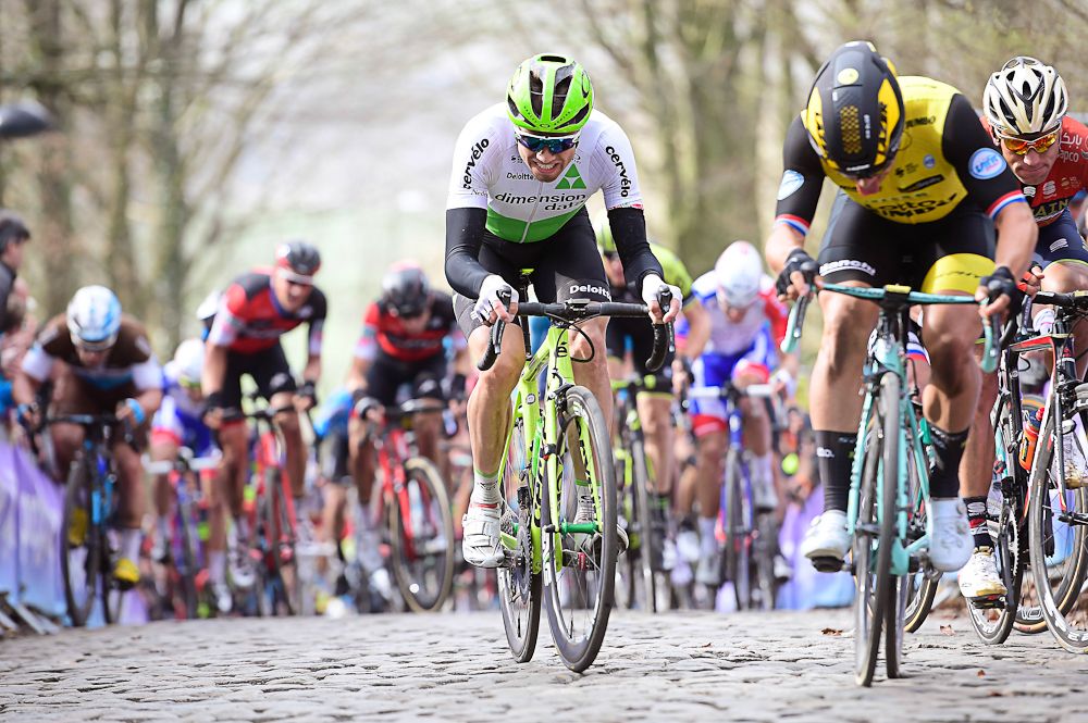 Edvald Boasson Hagen (Dimension Data) climbs the Kemmelberg during Gent-Wevelgem