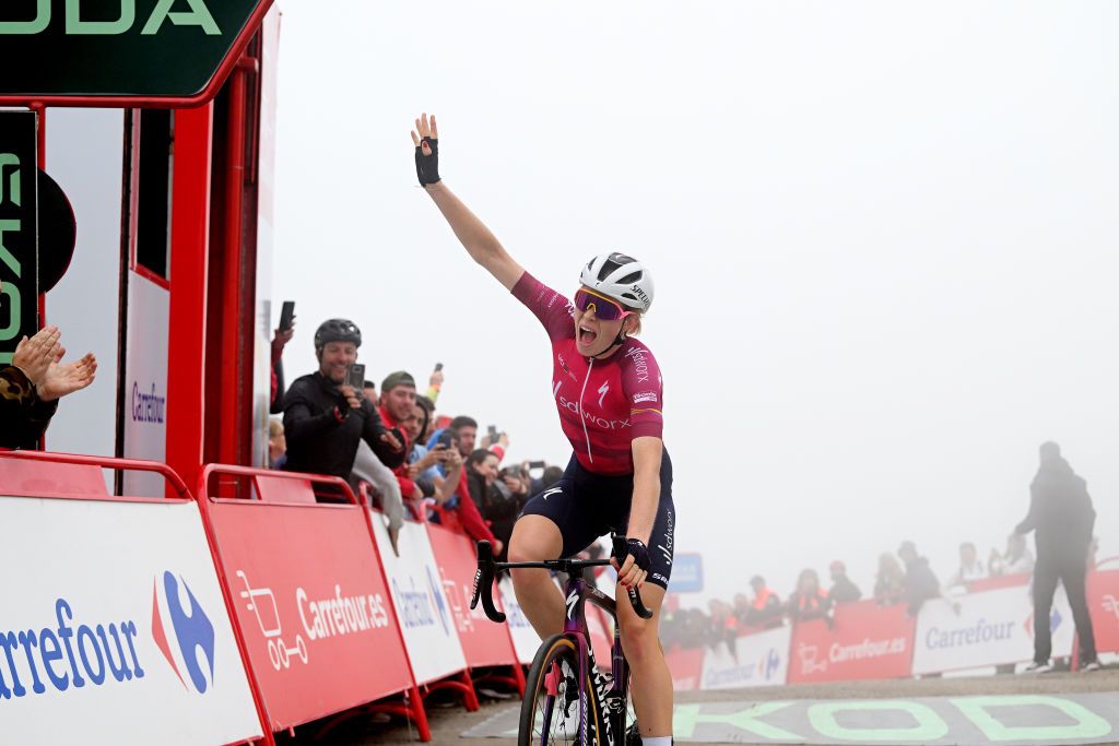 LAGOS DE COVADONGA SPAIN MAY 07 Demi Vollering of The Netherlands and Team SD Worx Pink UCI Womens WorldTour Leader Jersey celebrates at finish line as stage winner during the 9th La Vuelta Femenina 2023 Stage 7 a 937km stage from Pola de Siero to Lagos de Covadonga 1079m UCIWWT on May 07 2023 in Lagos de Covadonga Spain Photo by Dario BelingheriGetty Images