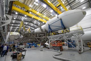 The Falcon 9 rocket and DART spacecraft as seen before launch at Vandenberg Space Force Base in California.