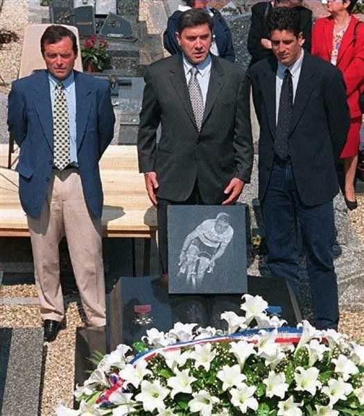 Former cyclists, France's Bernard Hinault, Belgian Eddy Merckx and Spaniard Miguel Indurain