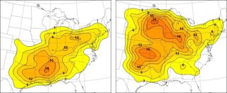 Frequency of derecho events in the United States between 1980 and 2001. Left map shows 'cool season' — September through April. Right map shows 'warm season' — May through August. Areas affected by three derechos are shaded in yellow; more derechos shown in different shades of orange.