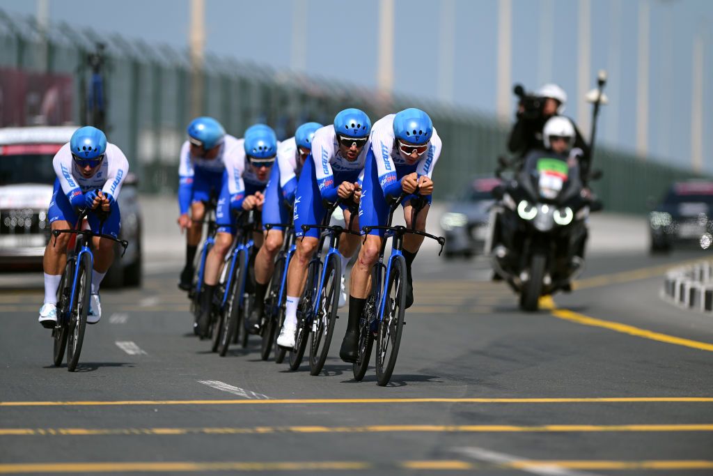 KHALIFA PORT UNITED ARAB EMIRATES FEBRUARY 21 Jan Maas of The Netherlands and Team Jayco Alula competing during the 5th UAE Tour 2023 Stage 2 a 173km team time trial in Khalifa Port UAETour on February 21 2023 in Khalifa Port United Arab Emirates Photo by Dario BelingheriGetty Images