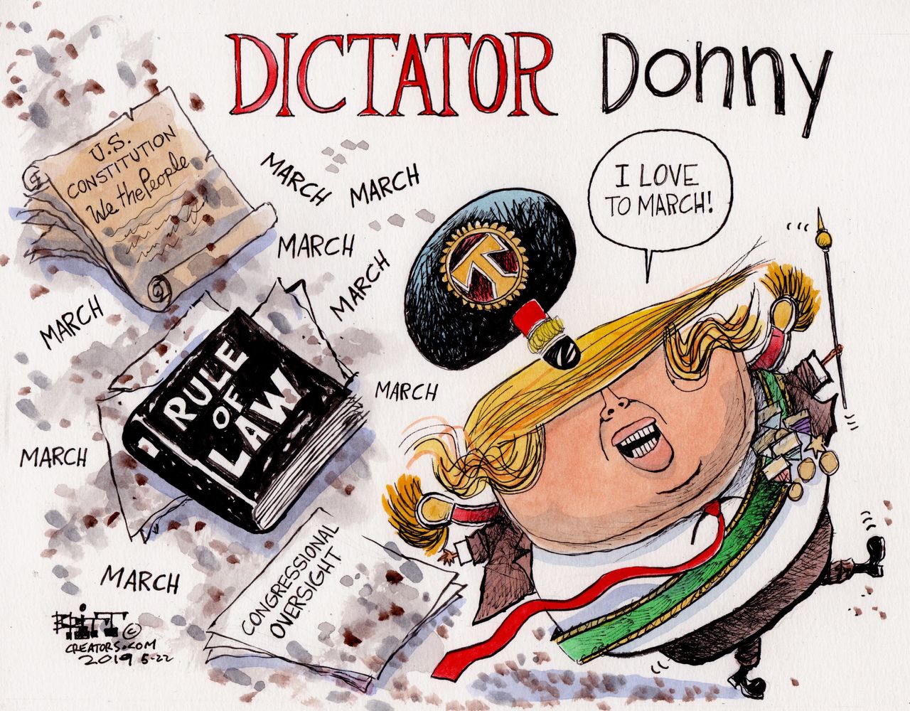 Political Cartoon U.S. Trump Dictator Rule of Law Constitution