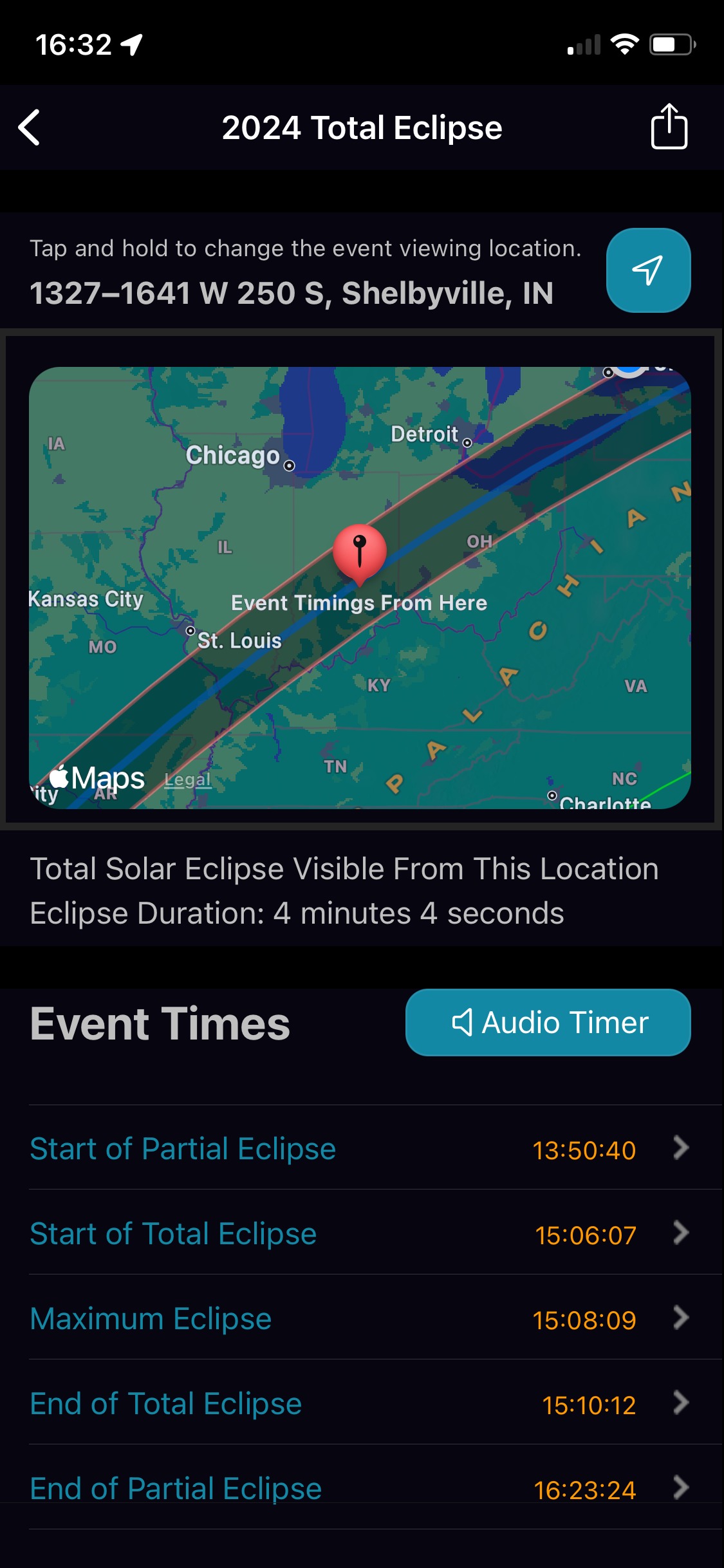 a view of a phone with an eclipse band and a spot on the map. underneath are different timings for maximum eclipse, end of total eclipse, and end of partial eclipse