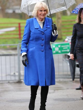 camilla duchess cornwall blue coat local london visit