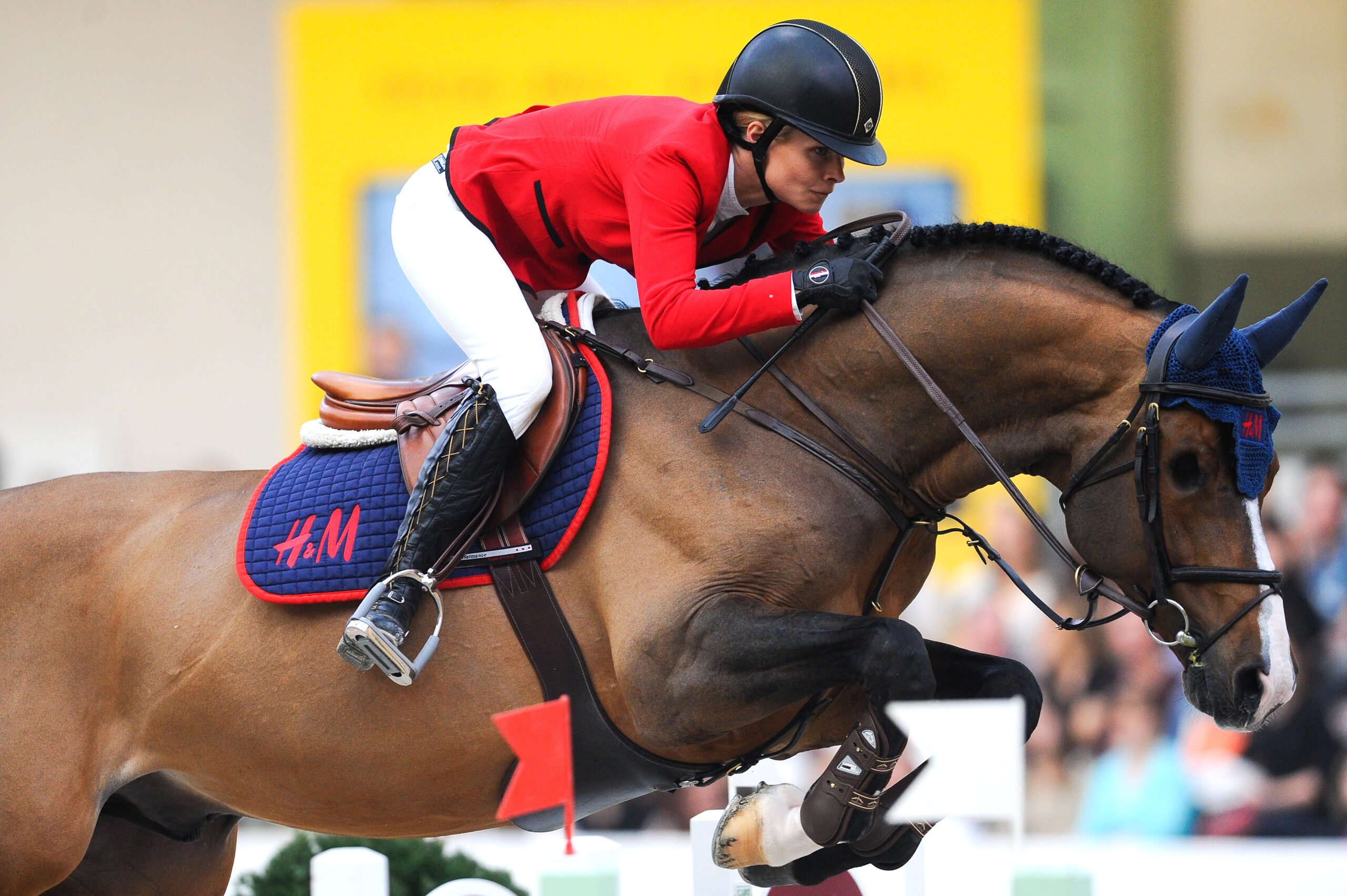Malin Baryard-Johnsson riding one-eyed H&amp;amp;M Tornesch on the first day of the Grand Prix Hermes of Paris in 2014