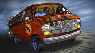 An animated picture of the Foo Fighters driving in a van