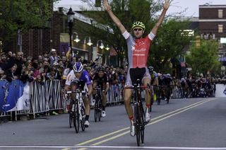 UnitedhealthCare rider Hilton Clarke can only watch as Brecht Dhaene (Astellas Cycling) takes his hard earned win during the 4th round of the USA CRITS Series held in downtown Winston-Salem.