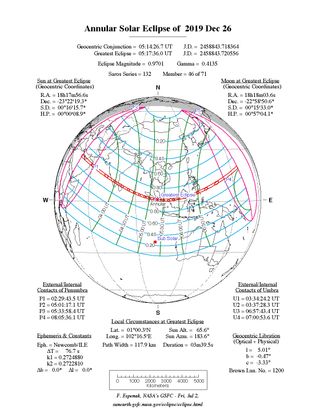This chart created by veteran eclipse scientist Fred Espenak shows the path of visibility of the annular solar eclipse, or "ring of fire" solar eclipse" on Dec. 26, 2019.