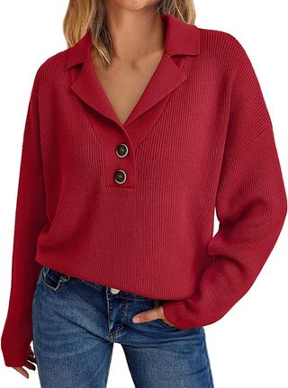 LILLUSORY, Lillusory Red Sweaters for Women 2024 Fall Pullover Knitted Button Up Sweater Foldover Collar Tops Red S