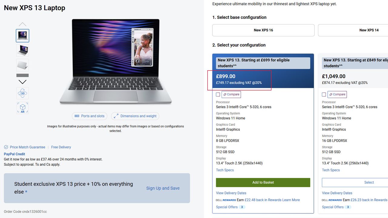 Screenshot of a Dell website page showing configuration and pricing options for the New XPS 13 Laptop, with specs and student discount details visible.