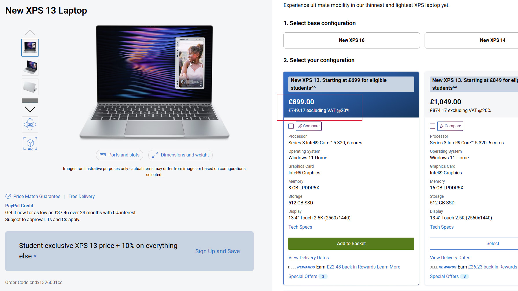 Screenshot of a Dell website page showing configuration and pricing options for the New XPS 13 Laptop, with specs and student discount details visible.