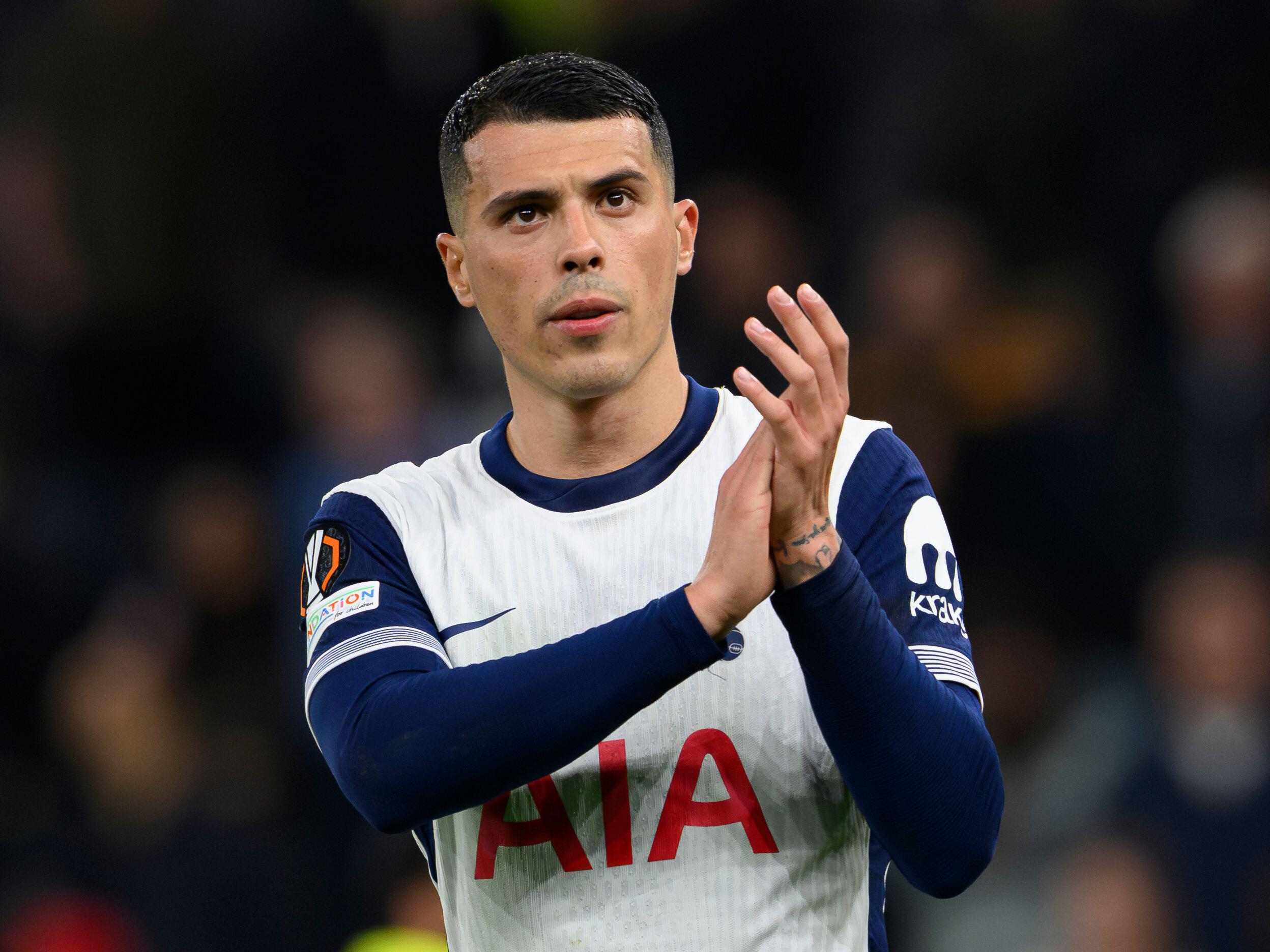 Pedro Porro of Tottenham Hotspur applauds the fans at full-time of the Europa League match against Eintracht Frankfurt, April 2025.