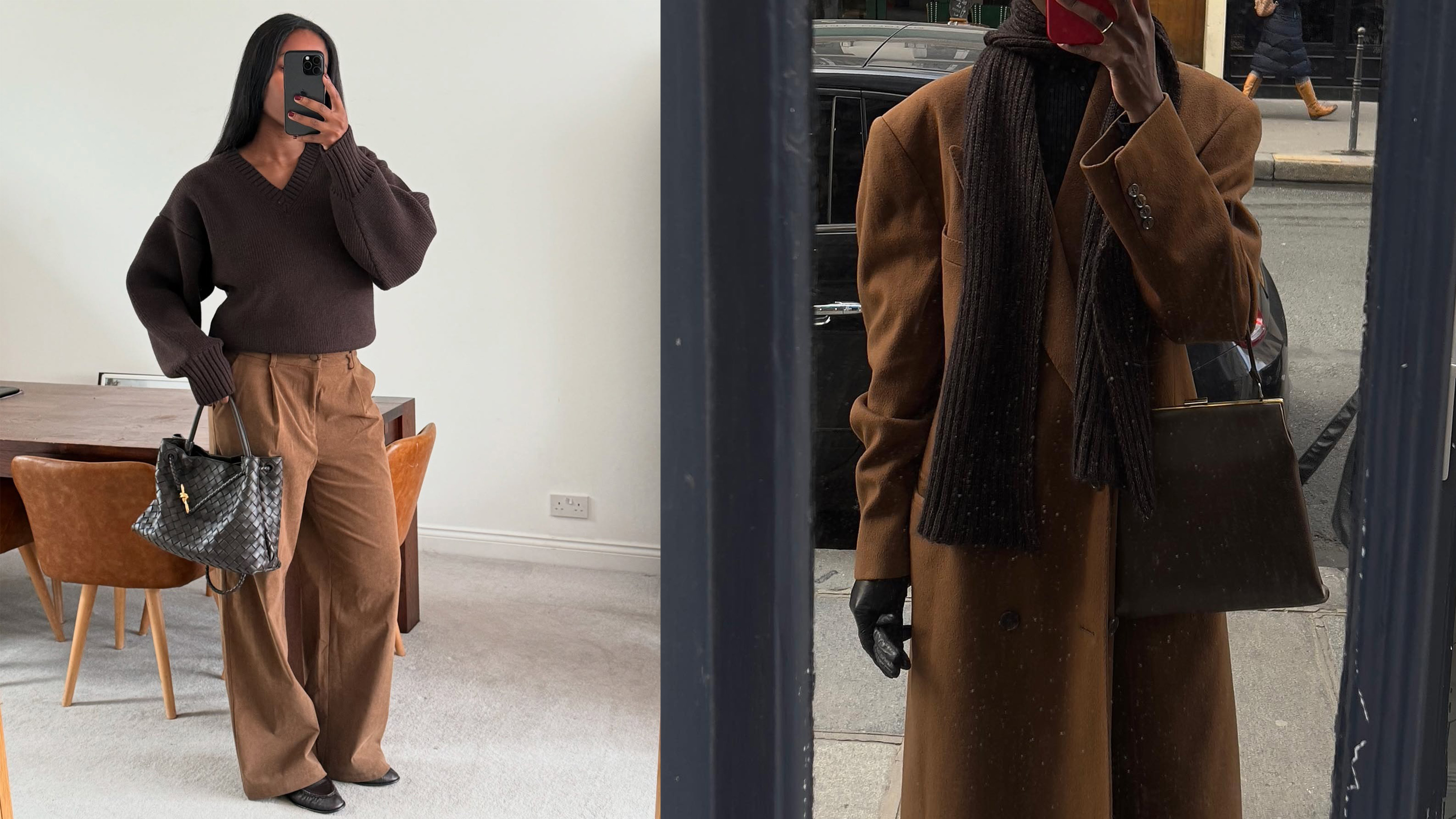 Two mirror selfies of @nlmarilyn and @sylviemus_ wearing the brown with chestnut color combination for winter 2025. 