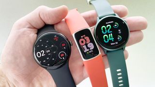 Close-up of the Pixel Watch 4, Fitbit Charge 6 and Gamin Vivoactive 6