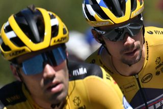 Team Jumbo rider Slovenias Primoz Roglic R rides during the 6th stage of the 107th edition of the Tour de France cycling race 191 km between Le Teil and Mont Aigoual on September 3 2020 Photo by Marco Bertorello AFP Photo by MARCO BERTORELLOAFP via Getty Images