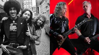 LEFT: From left to right, singer Phil Lynott, drummer Brian Downey and guitarist Eric Bell of rock band Thin Lizzy, UK, 23rd February 1973. RIGHT: Kirk Hammett and James Hetfield of Metallica perform onstage during Global Citizen Festival 2022: New York at Central Park on September 24, 2022 in New York City. 