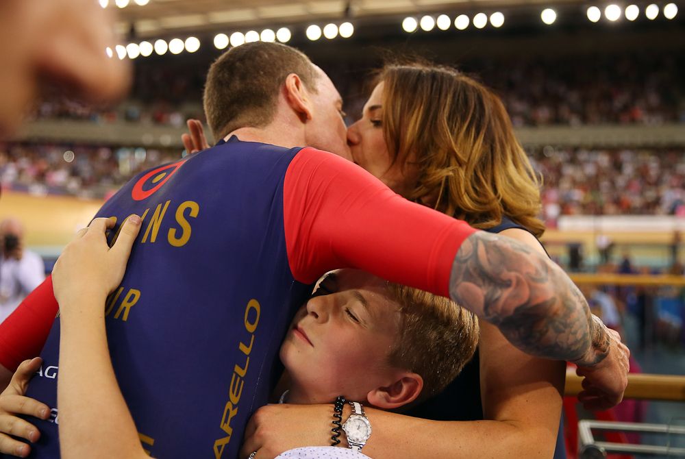 Bradley Wiggins of Great Britain and Team Wiggins celebrates with his family after breaking the UCI Hour Record at Lee Valley Velopark Velodrome