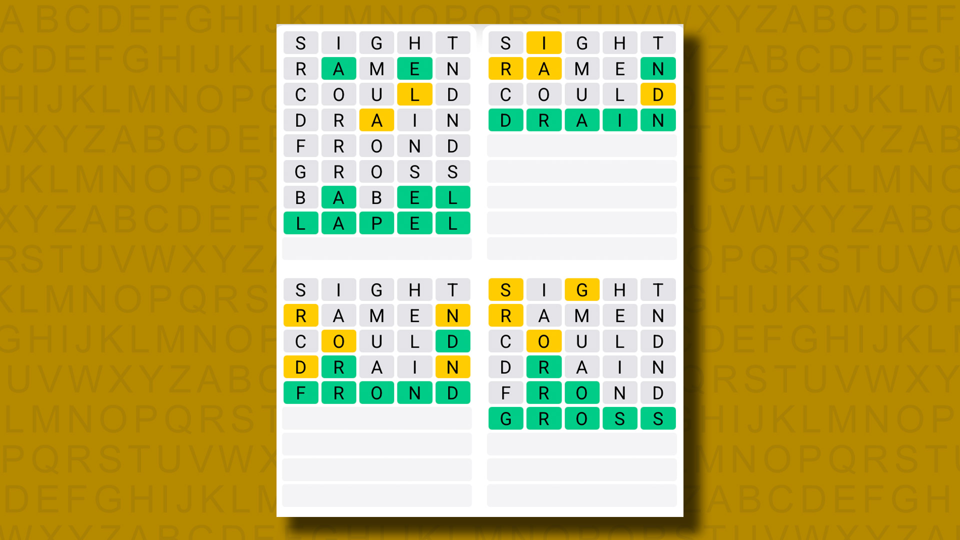 Quordle answers for game 1263 on a yellow background